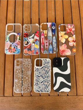 Bundle of 7 iPhone 12 mag safe cases with clear, coastal, and fun printed styles